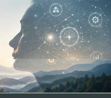 Human profile blended with a mountain landscape and subtle digital network imagery