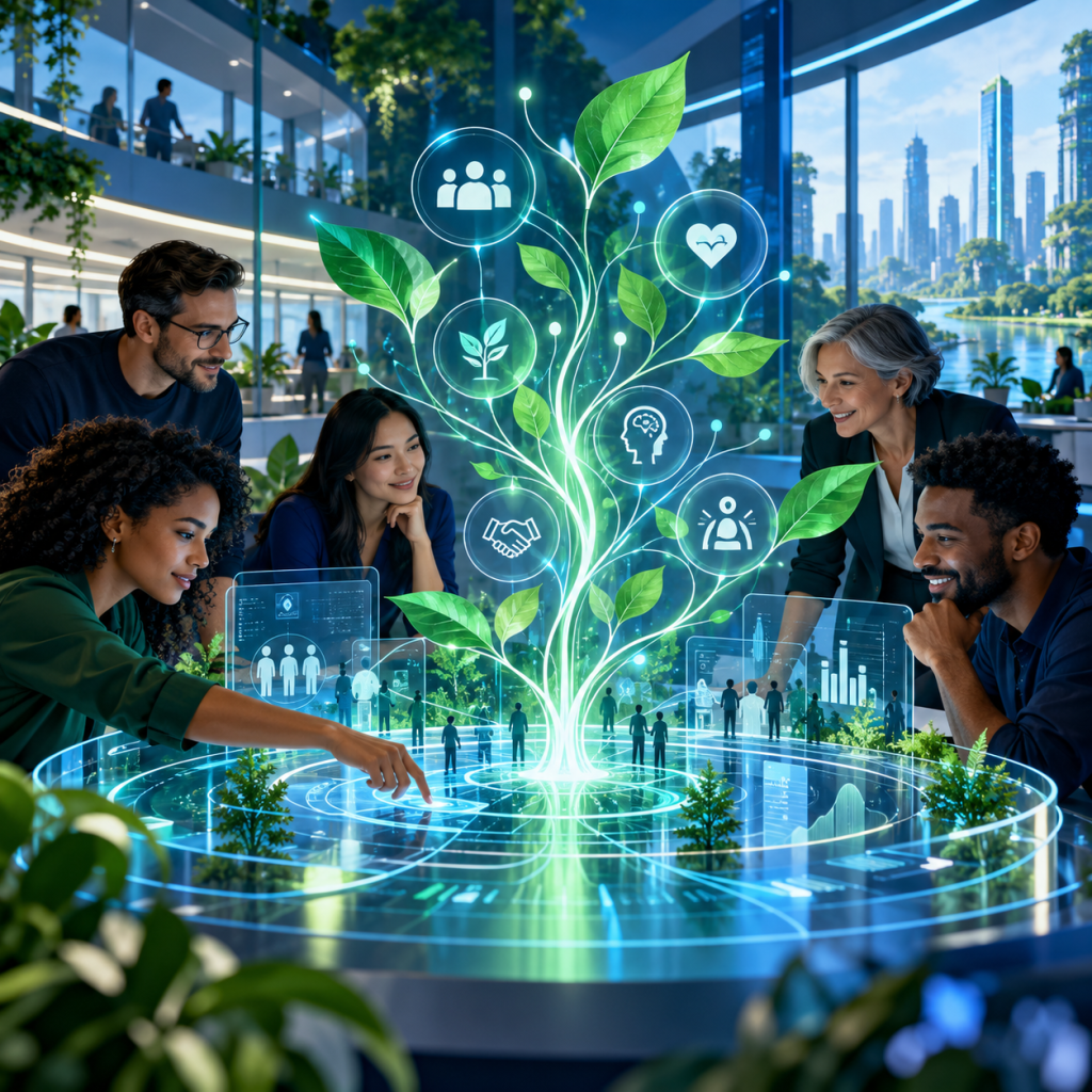 Futuristic blue and green workplace ecosystem with people collaborating around a living culture and systems dashboard.