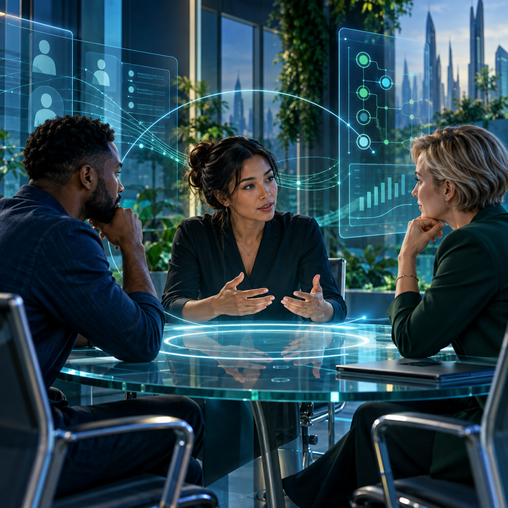 Futuristic blue and green workplace conversation scene showing professionals staying present in a difficult but respectful discussion.