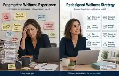 Fragmented wellness experience compared with a redesigned wellness strategy: clearer care access, integrated benefits, usable flexibility, manager support, care navigation, prevention, less administrative friction, and a healthier employee experience.