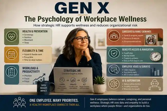 Gen X: The Psychology of Workplace Wellness — strategic HR supports wellness and reduces organizational risk through health, flexibility, workload design, caregiving support, benefits access, employee voice, and thoughtful automation.
