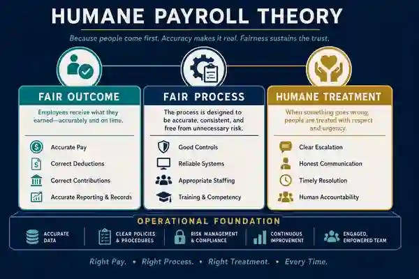 Humane Payroll Theory: fair outcome, fair process, and humane treatment supported by accurate data, clear policies, risk management, continuous improvement, and an engaged empowered team