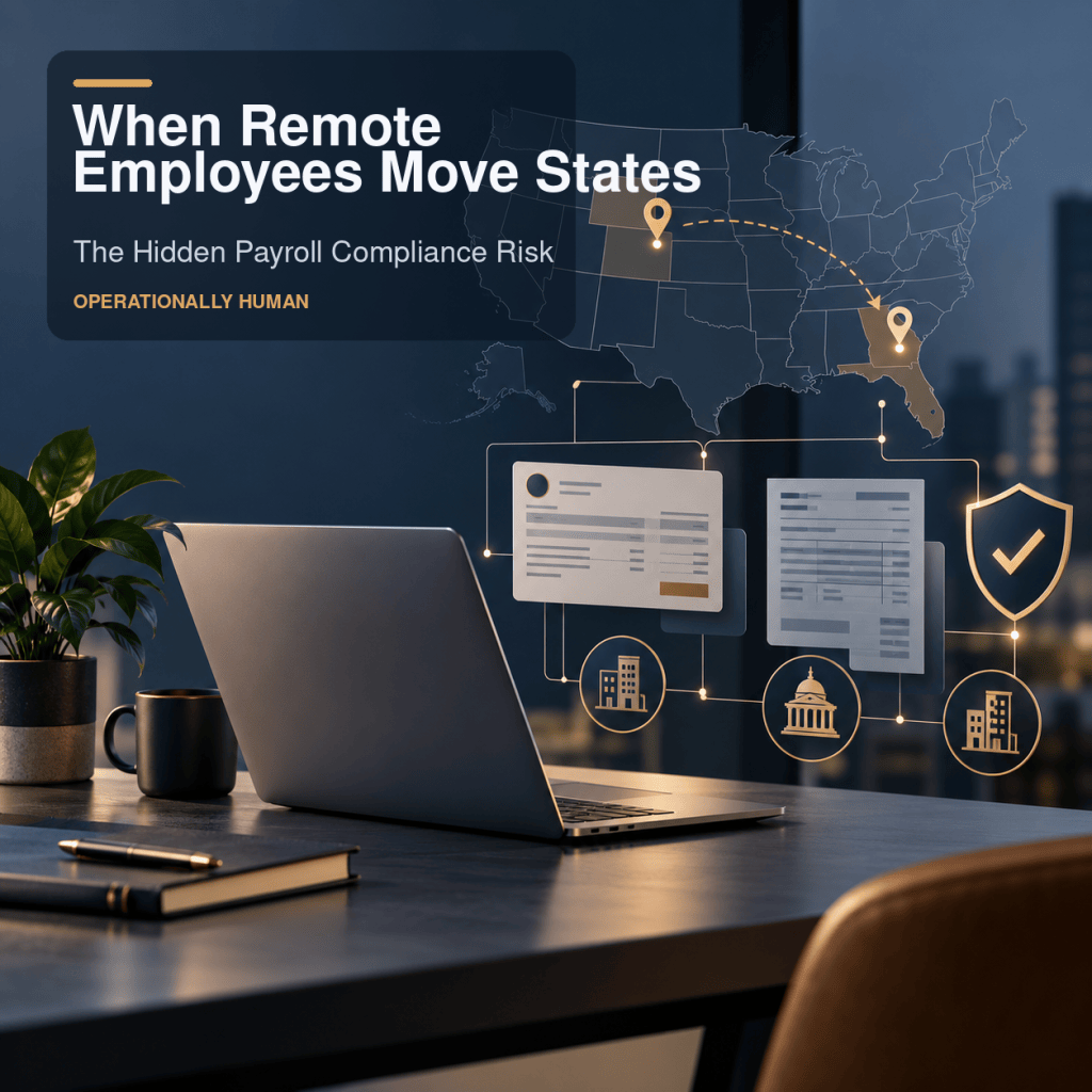 Article cover image showing a laptop, U.S. map, remote employee move path, payroll documents, and compliance icons.